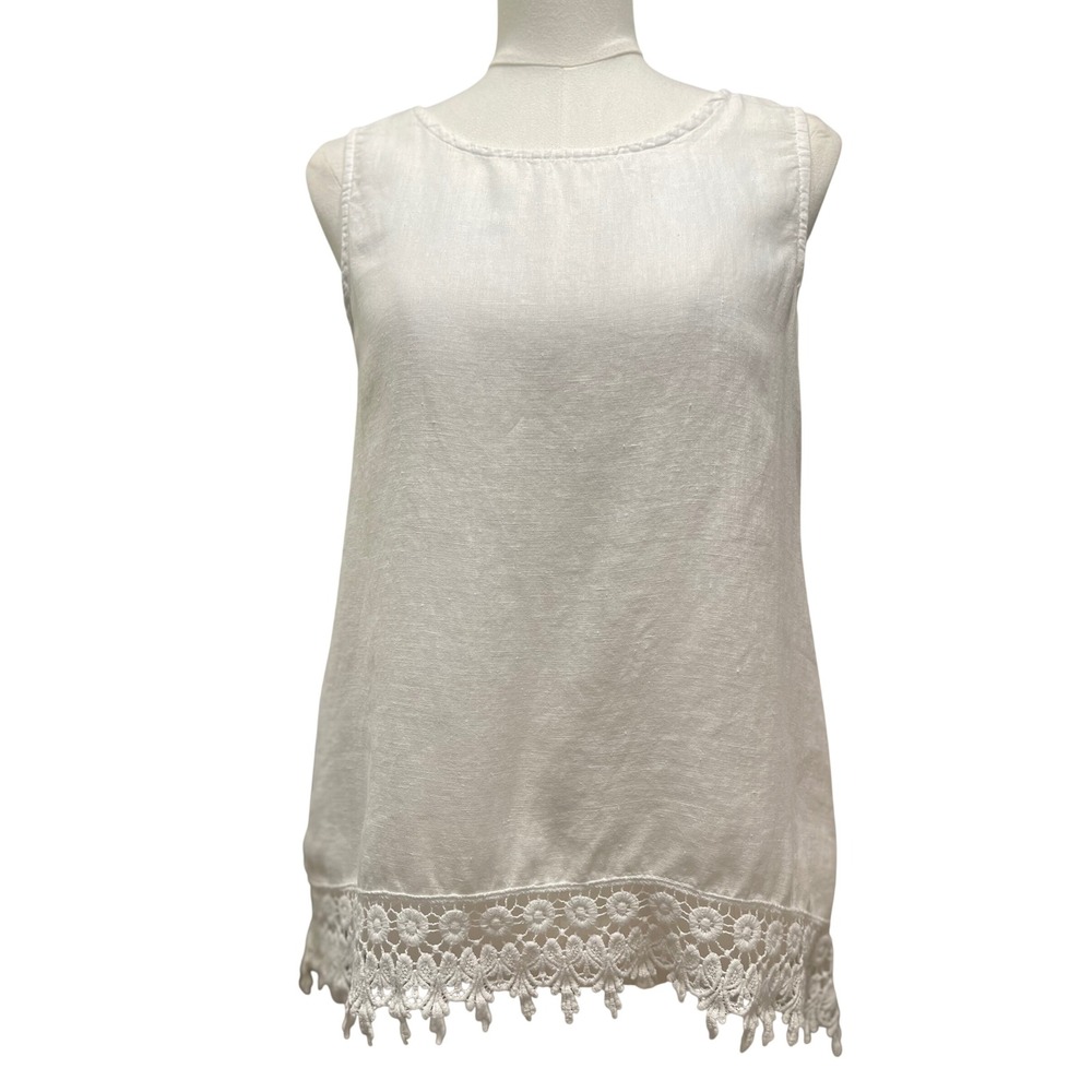 TERZO MILLENNIO Italian Linen Crochet Lace Hem Tank Top White Size S